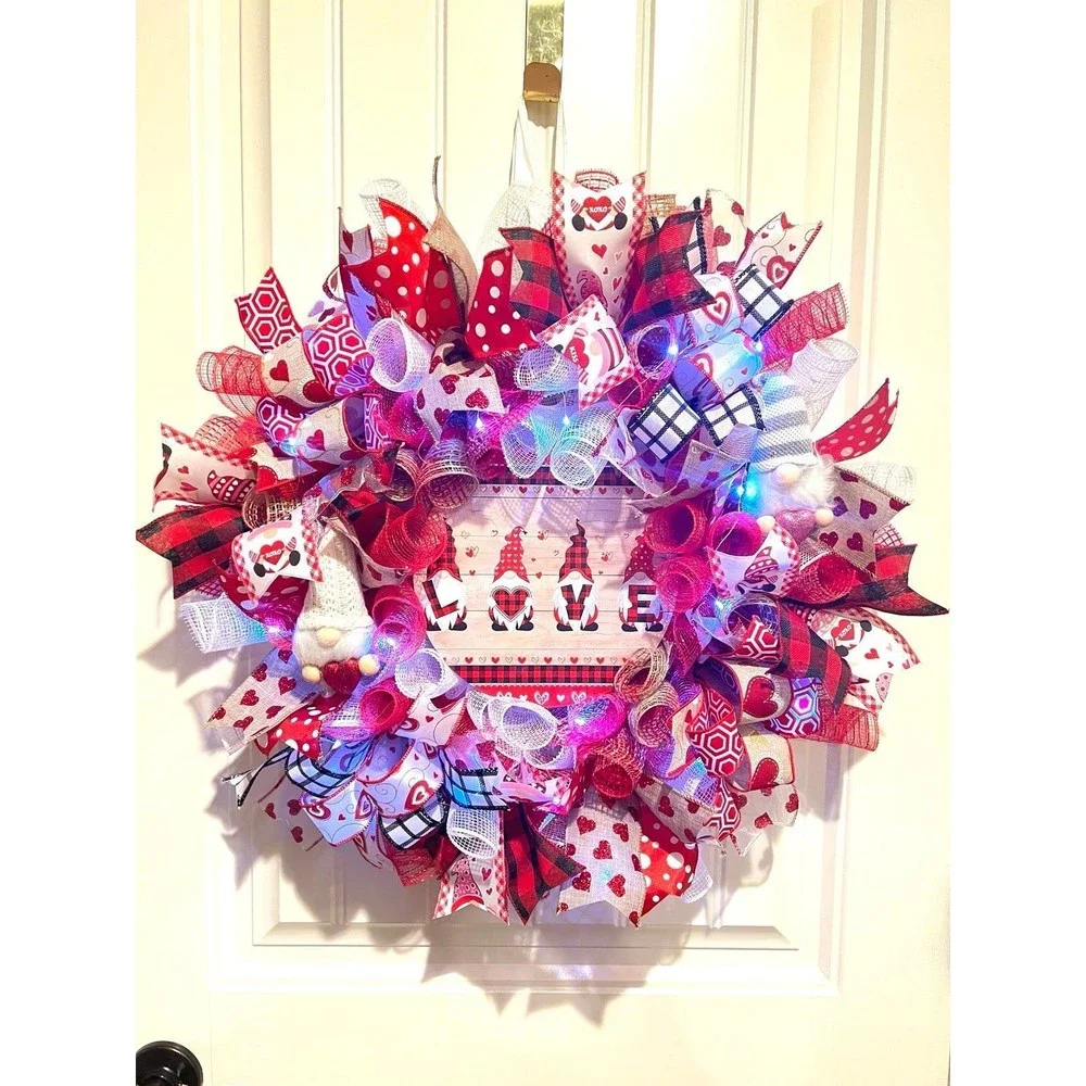 Handmade Valentine’s Gnome LOVE Ribbon Prelit Wreath 22 ins LED W11
